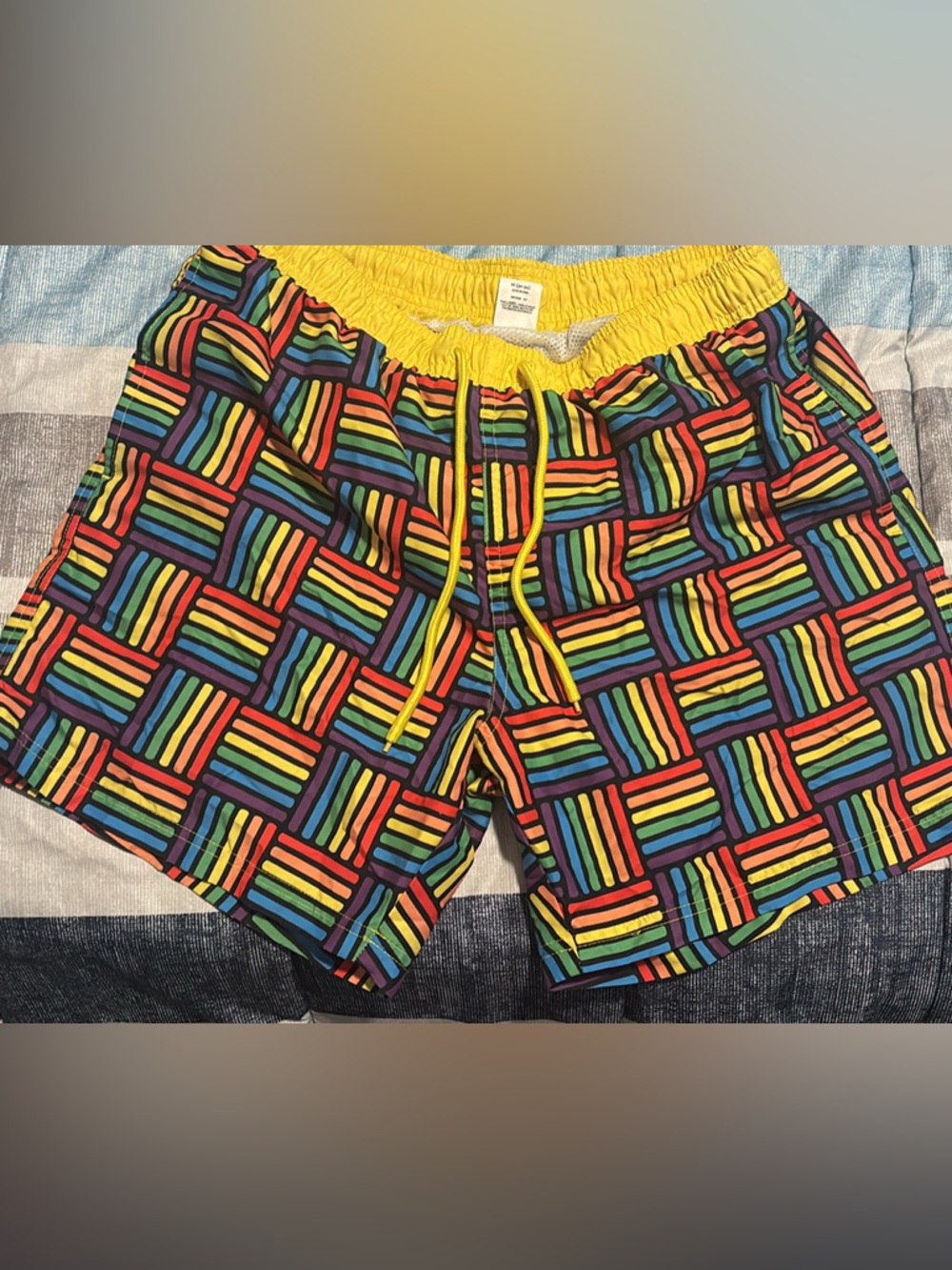 Men's Multicolor Geometric Swim Trunks with Yellow Waist